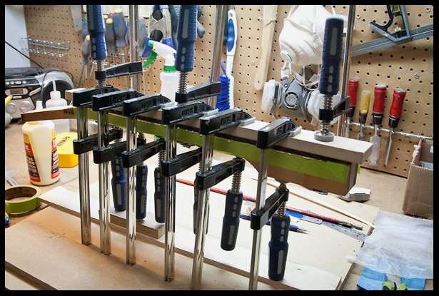 Fretboard glued and clamped