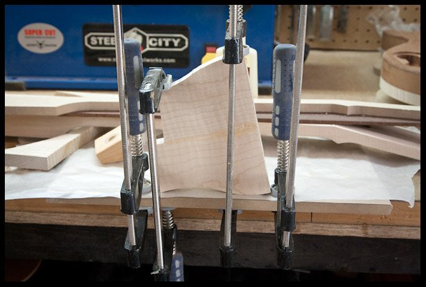 Gluing two pieces of flamed maple to make a cavity cover