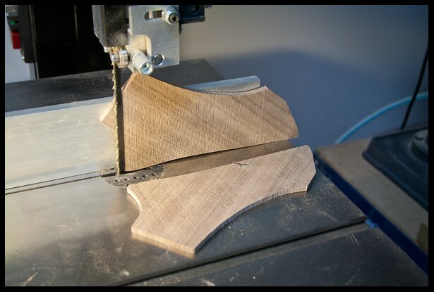 cutting the headstock veneer on the bandsaw