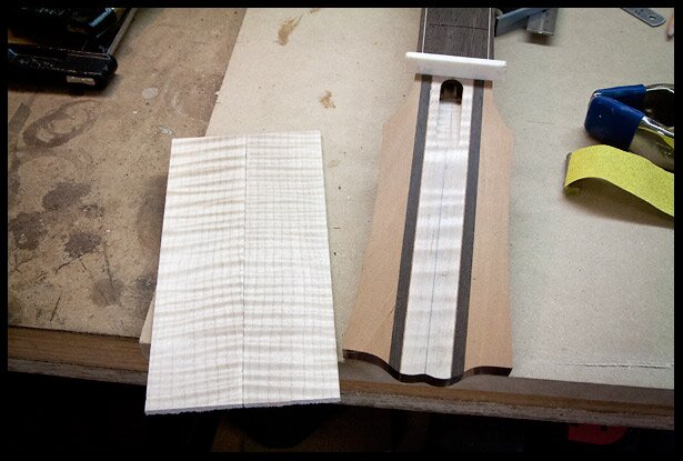The headstock veneer ready to be glued