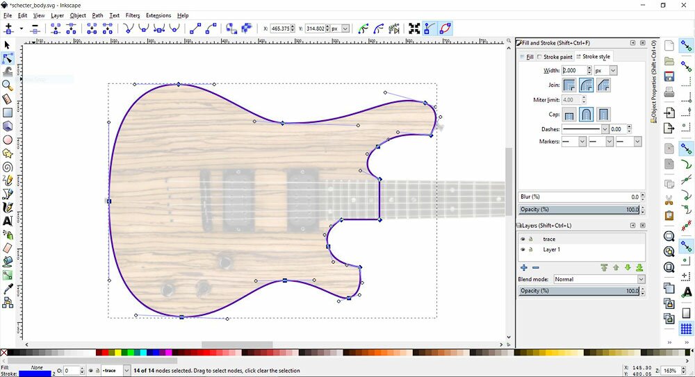 Trace of a Schecter guitar body. The opacity of the guitar body is reduced. The path is selected.