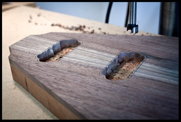 Drilling out the majority of the wood with a Forstener bit on the drill press