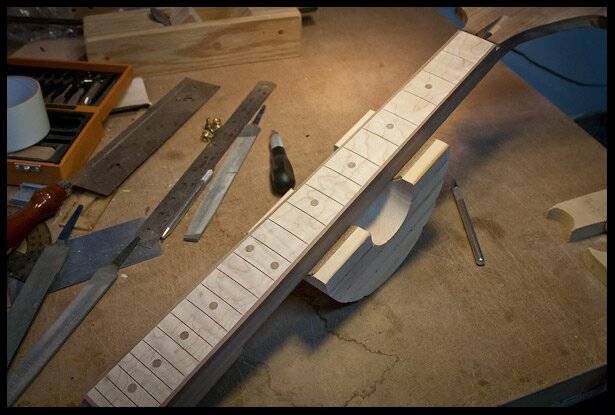 Maple fretboard with walnut fret markers and binding