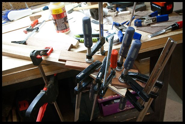 Clamping the headstock veneers