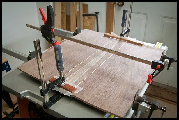 Gluing the bookmacthed walnut top with sapwood in the center