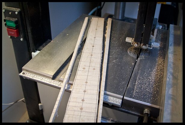 maple fretboard cut to rough dimensions on the bandsaw
