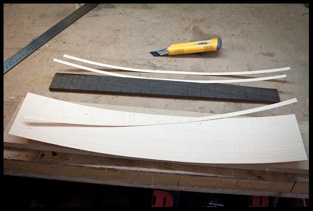 Cutting stripes of maple veneer for binding